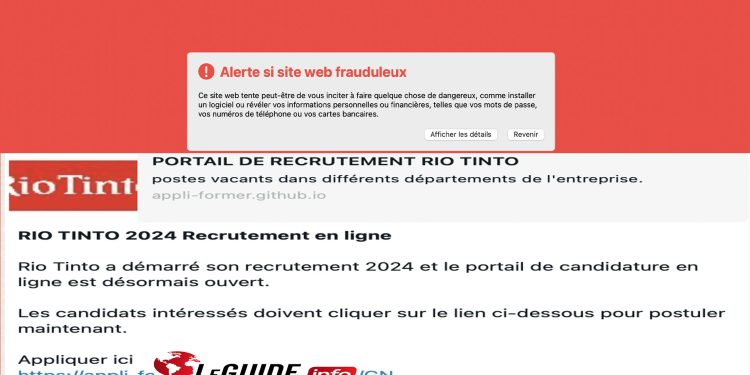 Sites d’hameçonnage : Rio Tinto alerte sur un lien frauduleux en circulation 1 Sites d’hameçonnage : Rio Tinto alerte sur un lien frauduleux en circulation
