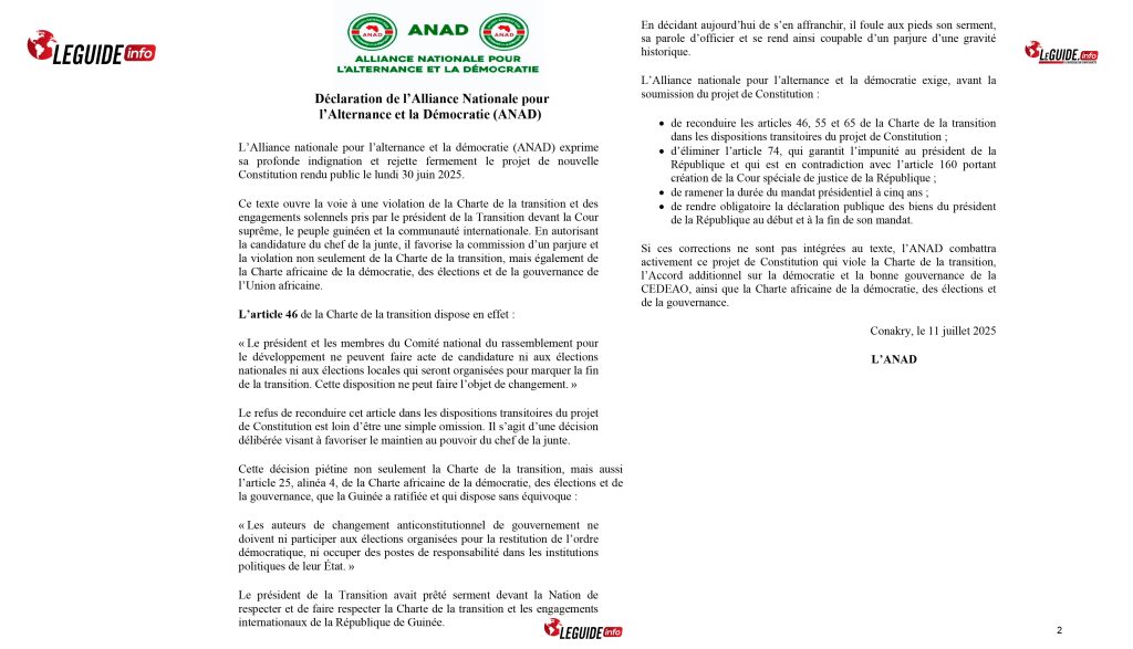 Guinée : Sans surprise, l’ANAD “rejette fermement” le projet de nouvelle Constitution 2 communique presse ANAD
