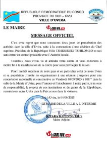 Vives tensions à Uvira (RDC) : la mairie appelle les manifestants autour de la table des négociations 2 Communique de la Mairie dUvira