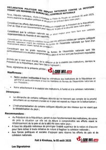 Arrestation des députés en RDC : le cœur des institutions touchées, dénonce un élu ! 4 Declarationpolitique des deputes nationaux contre la petition visant les membres du bureau de lAssamblee Nationale