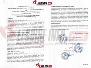 MEMORANDUM D'ENTENTE ENTRE LES REPRESENTANTS DE L'AUTORITE PARLEMENTAIRE ET LA SECTION SYNDICALE DE L'ADMINISTRATION PARLEMENTAIRE SOUS LA MEDIATION DE (USTG)