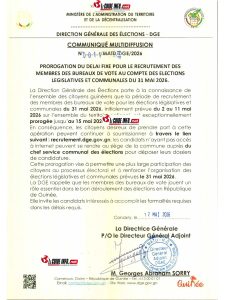 COMMUNIQUE NÂ°0011-MATD-DGE RELATIF A LA PROROGATION DU DELAI FIXE POUR LE RECRUTEMENT DES MBV AU COMPTE DES ELECTIONS LEGISLATIVES ET COMMUNALES DU 31 MAI 2026