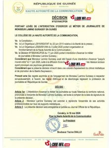 Médias en Guinée : La HAC lève l'interdiction d'exercer du journaliste Lamine Guirassy 2 Décision de la Haute Autorité de la Communication portant levée d'interdiction
