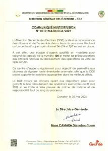 Triple scrutin en Guinée : la DGE ouvre un centre d'appel national pour veiller au bon déroulement du vote 2 Communiqué officiel DGE