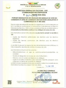 Élections Législatives et Communales du 31 Mai : La DGE fixe les modalités de désignation des délégués de bureau de vote 2 Communiqué de la DGE du 14 mai 2026