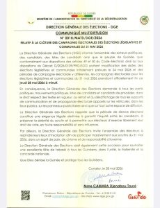 Élections législatives et communales en Guinée : Fin de campagne et appel au calme avant le scrutin du 31 mai 2 Communiqué de la DGE