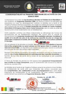 Communique relatif au transfert temporaire des activites du CHU Ignace Deen