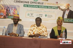SPPG : le nouveau Bureau National promet « du travail, pas des miracles » 1 Sékou Jamal Pendessa, secrétaire général du SPPG? Madiou DIallo, du CNTG et Kébé du SPPG