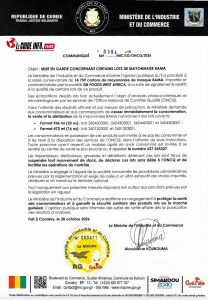 Mayonnaise BAMA : le ministère du Commerce ordonne l'arrêt de la consommation de six lots 3 Communique, ONCQ sur Bama leguideinfo